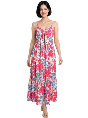Grace Karin Pink & Red Floral Tie-Front Spaghetti Straps Maxi Dress Size M
